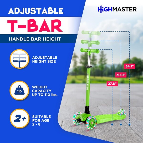 Highmaster Kids 3-Wheel Scooter with LED Light-Up Wheels, Adjustable Handlebar, Great for Indoor and Outdoor - HMKSGRN