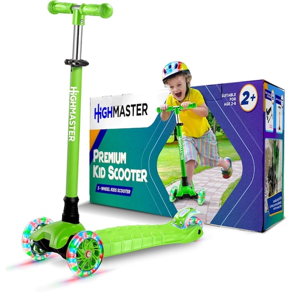 Highmaster Kids 3-Wheel Scooter with LED Light-Up Wheels, Adjustable Handlebar, Great for Indoor and Outdoor - HMKSGRN