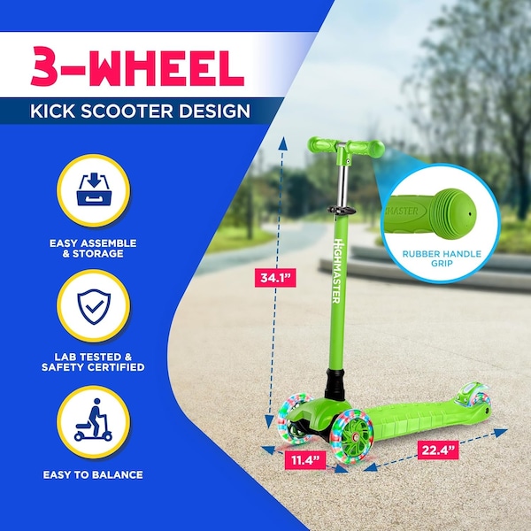 Highmaster Kids 3-Wheel Scooter with LED Light-Up Wheels, Adjustable Handlebar, Great for Indoor and Outdoor - HMKSGRN