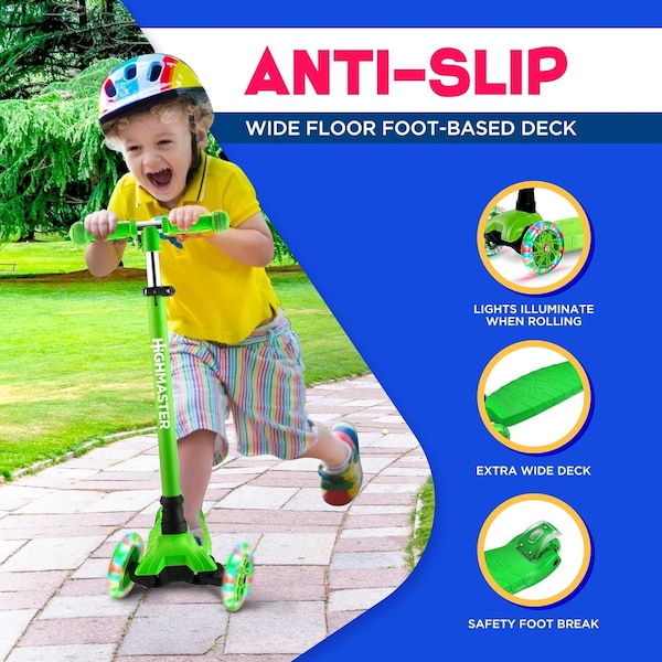Highmaster Kids 3-Wheel Scooter with LED Light-Up Wheels, Adjustable Handlebar, Great for Indoor and Outdoor - HMKSGRN