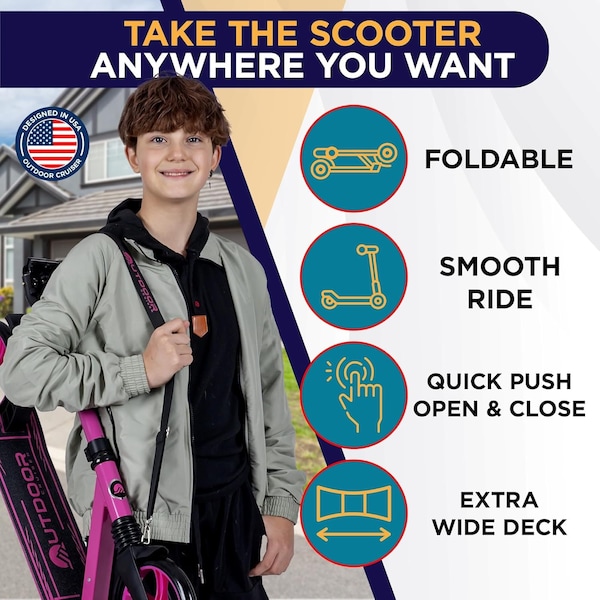 Outdoorcruiser Outdoor Cruiser Kick Scooter, Ages 6+, 240 LBS Max, Foldable, 8in. Wheels, Suspension, Pink - OCTENS624