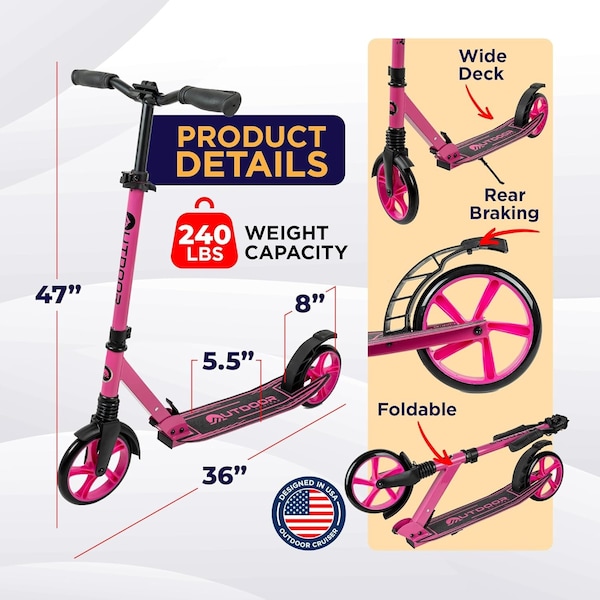Outdoorcruiser Outdoor Cruiser Kick Scooter, Ages 6+, 240 LBS Max, Foldable, 8in. Wheels, Suspension, Pink - OCTENS624