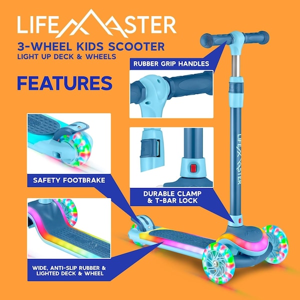 Lifemaster 3-Wheel Kids Scooter, LED Deck and Wheels, 5-Height Adjustable Handlebar, Blue - LMLUSL50