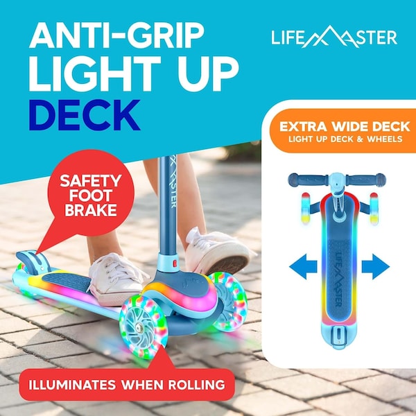 Lifemaster 3-Wheel Kids Scooter, LED Deck and Wheels, 5-Height Adjustable Handlebar, Blue - LMLUSL50