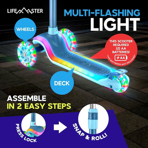 Lifemaster 3-Wheel Kids Scooter, LED Deck and Wheels, 5-Height Adjustable Handlebar, Blue - LMLUSL50