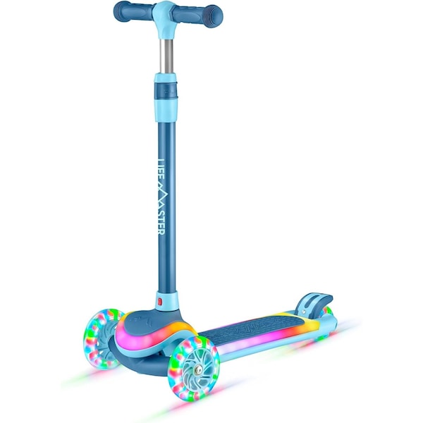 Lifemaster 3-Wheel Kids Scooter, LED Deck and Wheels, 5-Height Adjustable Handlebar, Blue - LMLUSL50