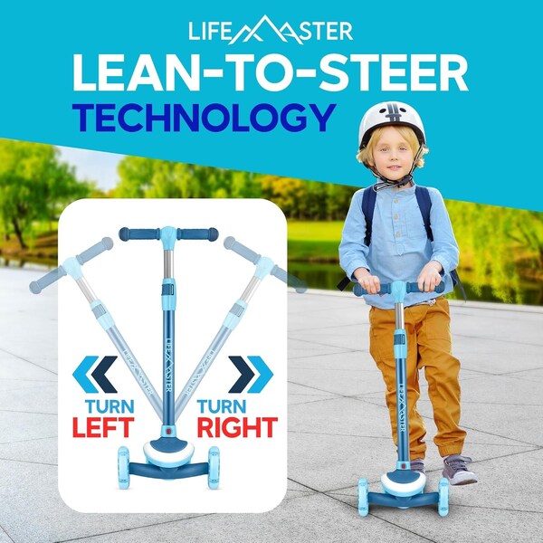 Lifemaster 3-Wheel Kids Scooter, LED Deck and Wheels, 5-Height Adjustable Handlebar, Blue - LMLUSL50