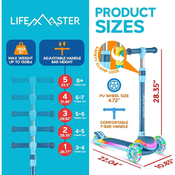 Lifemaster 3-Wheel Kids Scooter, LED Deck and Wheels, 5-Height Adjustable Handlebar, Blue - LMLUSL50