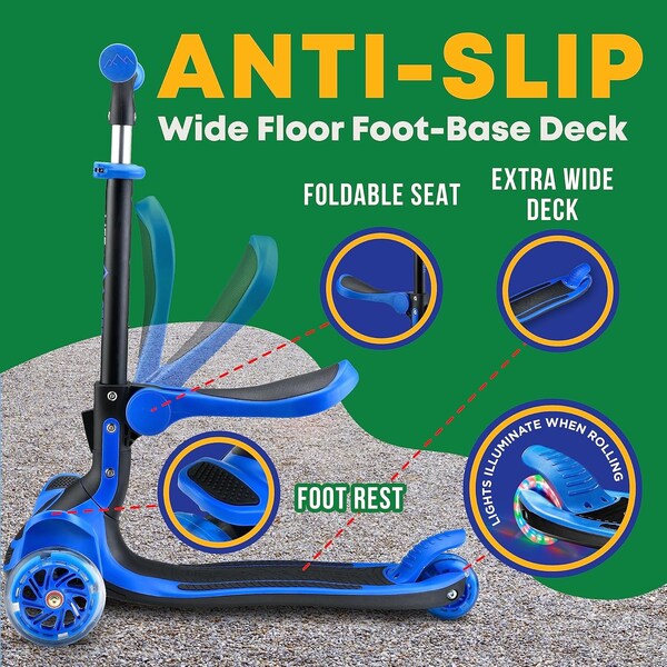 Lifemaster Kids 3-Wheel Scooter with Foldable Seat, LED Wheels, Adjustable Handlebar, Indoor/Outdoor Blue - LIFMS22
