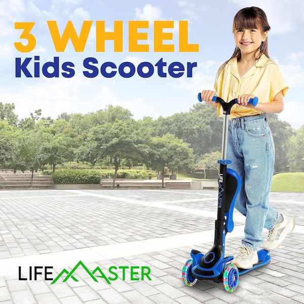 Lifemaster Kids 3-Wheel Scooter with Foldable Seat, LED Wheels, Adjustable Handlebar, Indoor/Outdoor Blue - LIFMS22