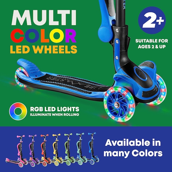 Lifemaster Kids 3-Wheel Scooter with Foldable Seat, LED Wheels, Adjustable Handlebar, Indoor/Outdoor Blue - LIFMS22