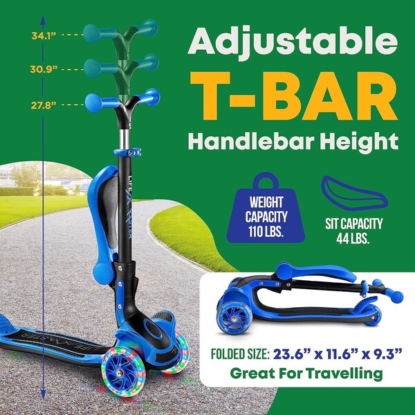 Lifemaster Kids 3-Wheel Scooter with Foldable Seat, LED Wheels, Adjustable Handlebar, Indoor/Outdoor Blue - LIFMS22