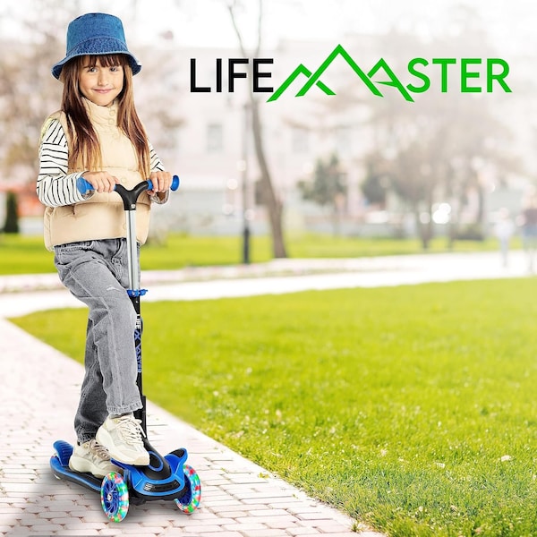 Lifemaster Kids 3-Wheel Scooter with Foldable Seat, LED Wheels, Adjustable Handlebar, Indoor/Outdoor Blue - LIFMS22