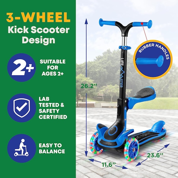 Lifemaster Kids 3-Wheel Scooter with Foldable Seat, LED Wheels, Adjustable Handlebar, Indoor/Outdoor Blue - LIFMS22