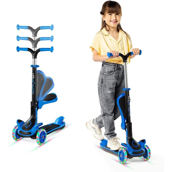 Lifemaster Kids 3-Wheel Scooter with Foldable Seat, LED Wheels, Adjustable Handlebar, Indoor/Outdoor Blue - LIFMS22