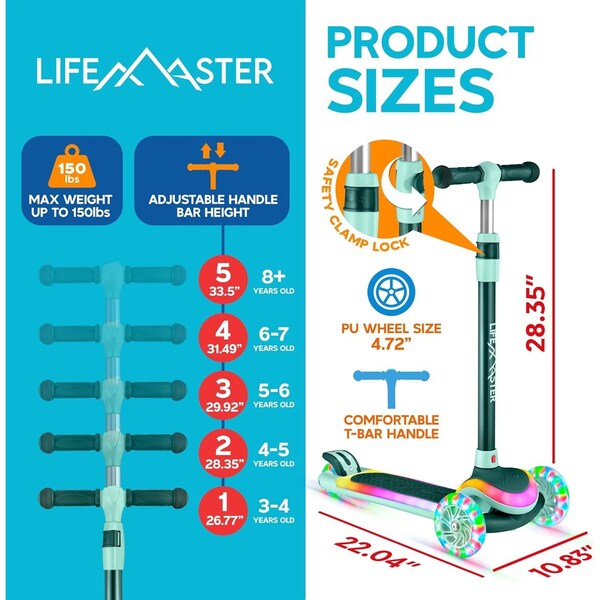 Lifemaster 3-Wheel Kids Scooter, LED Deck and Wheels, 5-Height Adjustable Handlebar, Aqua - LMLUSA11