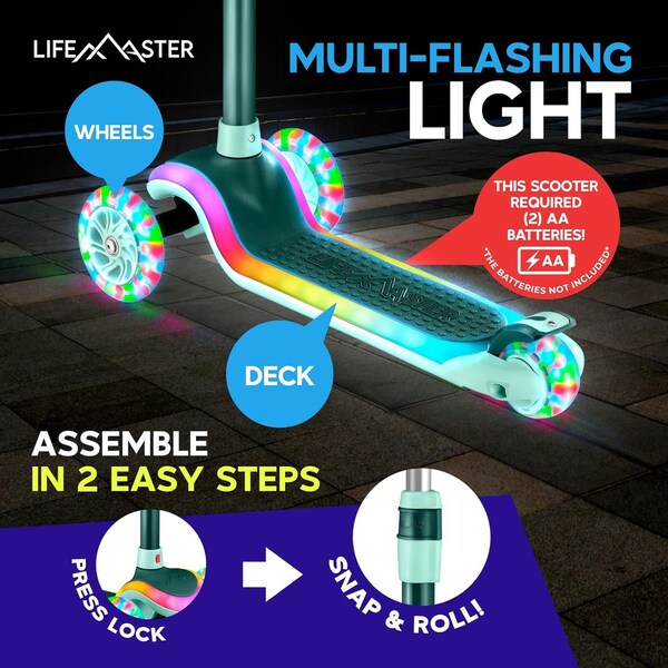 Lifemaster 3-Wheel Kids Scooter, LED Deck and Wheels, 5-Height Adjustable Handlebar, Aqua - LMLUSA11