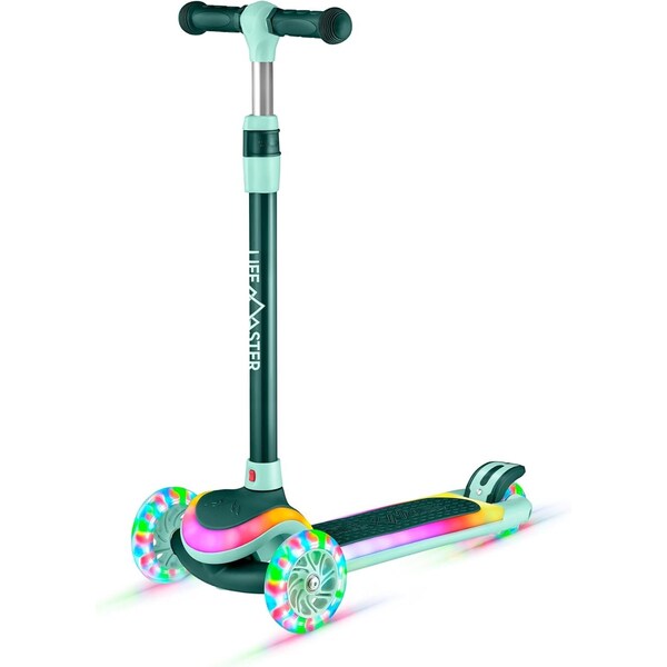 Lifemaster 3-Wheel Kids Scooter, LED Deck and Wheels, 5-Height Adjustable Handlebar, Aqua - LMLUSA11