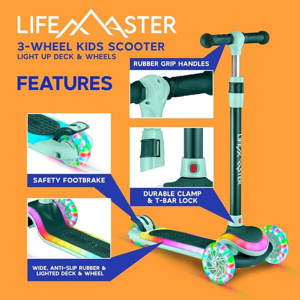 Lifemaster 3-Wheel Kids Scooter, LED Deck and Wheels, 5-Height Adjustable Handlebar, Aqua - LMLUSA11