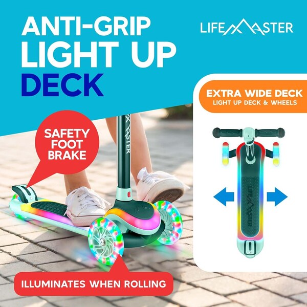 Lifemaster 3-Wheel Kids Scooter, LED Deck and Wheels, 5-Height Adjustable Handlebar, Aqua - LMLUSA11