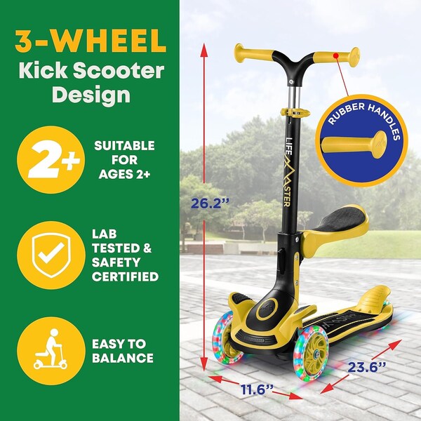 Lifemaster Kids 3-Wheel Scooter w/ Foldable Seat, LED Wheels, Adjustable Handlebar, Indoor/Outdoor Yellow - LIFMS62