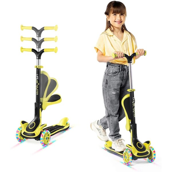 Lifemaster Kids 3-Wheel Scooter w/ Foldable Seat, LED Wheels, Adjustable Handlebar, Indoor/Outdoor Yellow - LIFMS62
