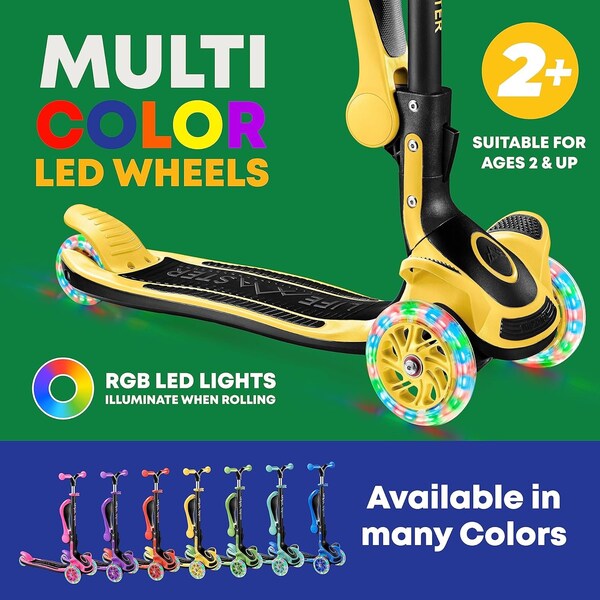 Lifemaster Kids 3-Wheel Scooter w/ Foldable Seat, LED Wheels, Adjustable Handlebar, Indoor/Outdoor Yellow - LIFMS62