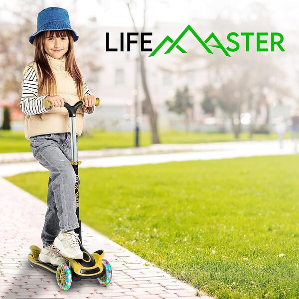 Lifemaster Kids 3-Wheel Scooter w/ Foldable Seat, LED Wheels, Adjustable Handlebar, Indoor/Outdoor Yellow - LIFMS62