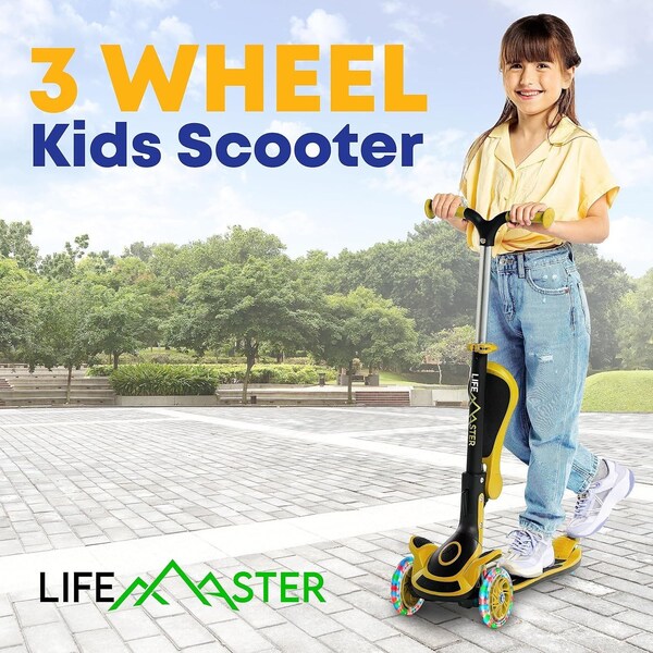 Lifemaster Kids 3-Wheel Scooter w/ Foldable Seat, LED Wheels, Adjustable Handlebar, Indoor/Outdoor Yellow - LIFMS62