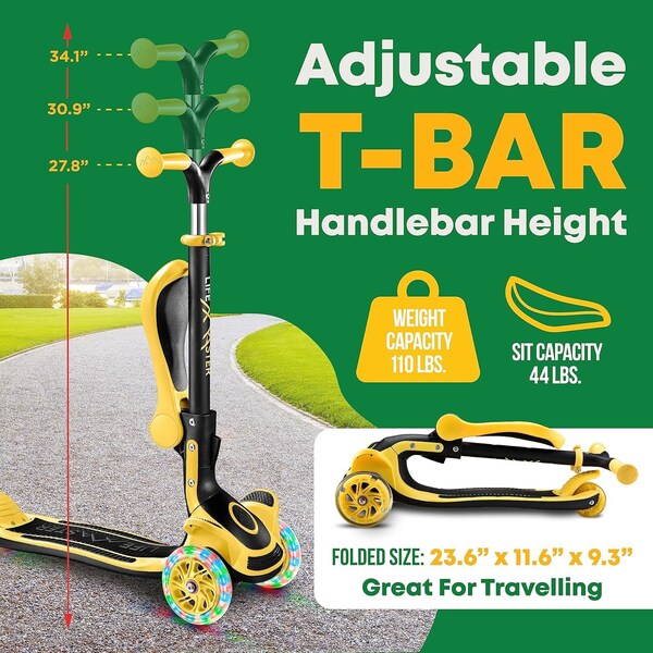 Lifemaster Kids 3-Wheel Scooter w/ Foldable Seat, LED Wheels, Adjustable Handlebar, Indoor/Outdoor Yellow - LIFMS62