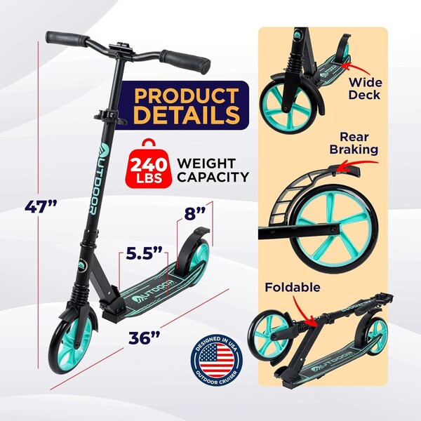 Outdoorcruiser Outdoor Cruiser Kick Scooter, Ages 6+, 240 LBS Max, Foldable, 8in. Wheels, Suspension, Black/Aqua - OCTENS753