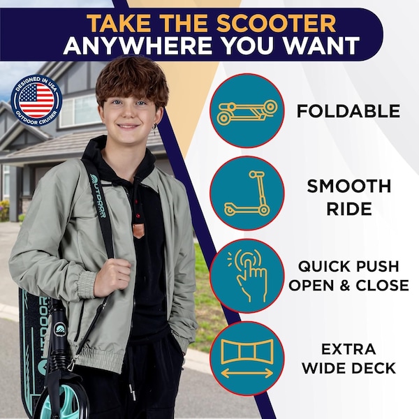 Outdoorcruiser Outdoor Cruiser Kick Scooter, Ages 6+, 240 LBS Max, Foldable, 8in. Wheels, Suspension, Black/Aqua - OCTENS753