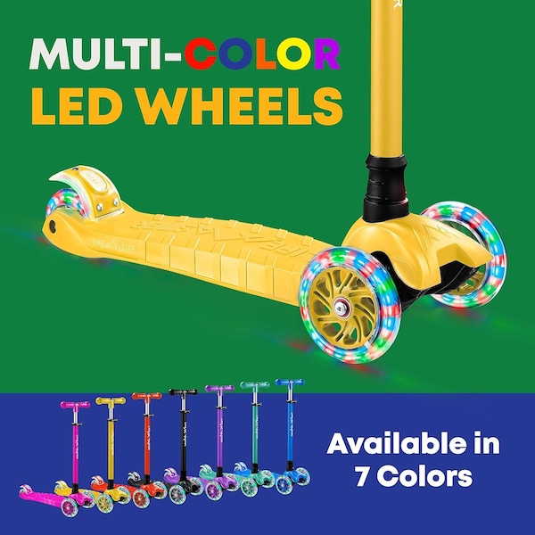 Lifemaster Kids 3-Wheel Scooter with LED Wheels, Adjustable Handlebar, Indoor/Outdoor Yellow,  - LIFSCTYL