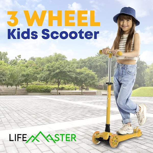Lifemaster Kids 3-Wheel Scooter with LED Wheels, Adjustable Handlebar, Indoor/Outdoor Yellow,  - LIFSCTYL