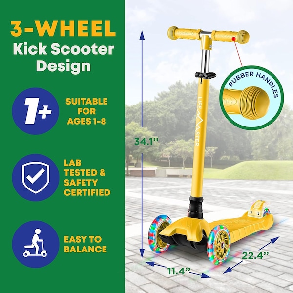 Lifemaster Kids 3-Wheel Scooter with LED Wheels, Adjustable Handlebar, Indoor/Outdoor Yellow,  - LIFSCTYL