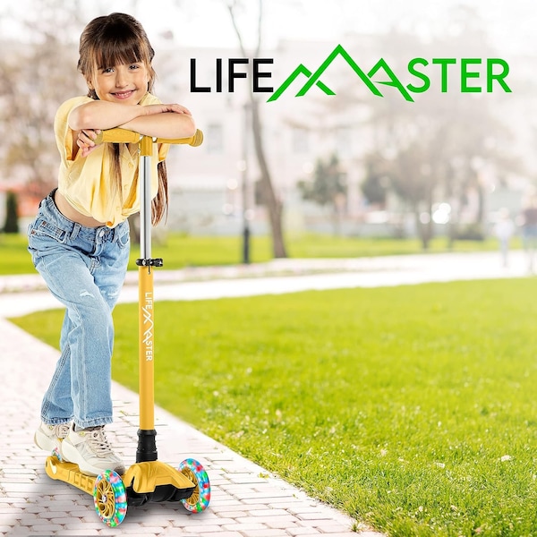 Lifemaster Kids 3-Wheel Scooter with LED Wheels, Adjustable Handlebar, Indoor/Outdoor Yellow,  - LIFSCTYL