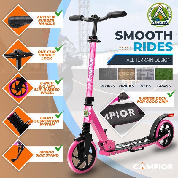 Campior Kick Scooter for Ages 6+, for Kids, Teens, and Adults, Max Load 240 LBS, Foldable, 8-inch Big Pink - CAMTE137