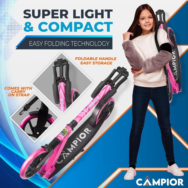 Campior Kick Scooter for Ages 6+, for Kids, Teens, and Adults, Max Load 240 LBS, Foldable, 8-inch Big Pink - CAMTE137
