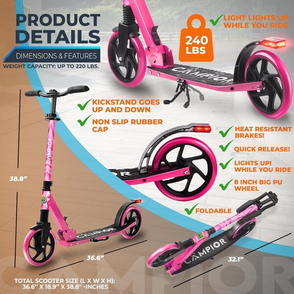 Campior Kick Scooter for Ages 6+, for Kids, Teens, and Adults, Max Load 240 LBS, Foldable, 8-inch Big Pink - CAMTE137