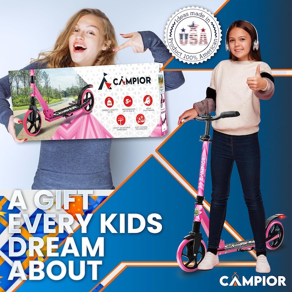 Campior Kick Scooter for Ages 6+, for Kids, Teens, and Adults, Max Load 240 LBS, Foldable, 8-inch Big Pink - CAMTE137