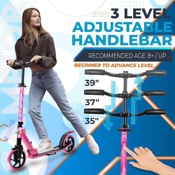 Campior Kick Scooter for Ages 6+, for Kids, Teens, and Adults, Max Load 240 LBS, Foldable, 8-inch Big Pink - CAMTE137