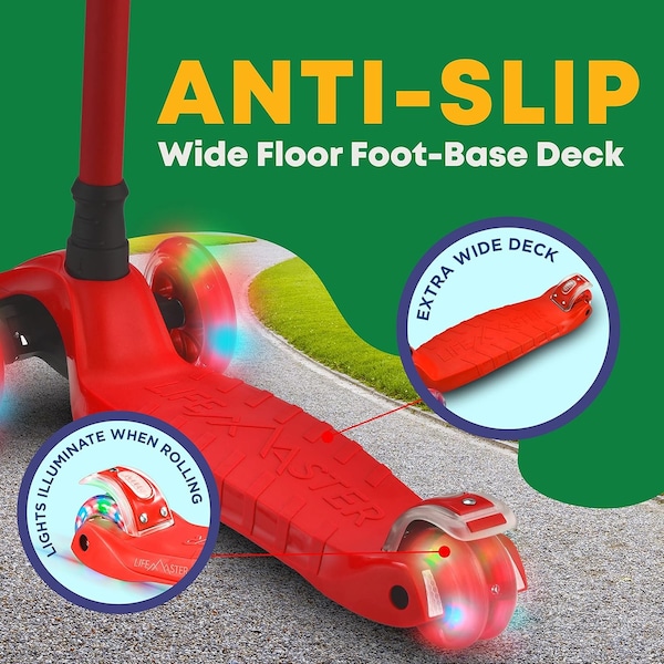 Lifemaster Kids 3-Wheel Scooter with LED Wheels, Adjustable Handlebar, Indoor/Outdoor Red,  - LIFSCTRD
