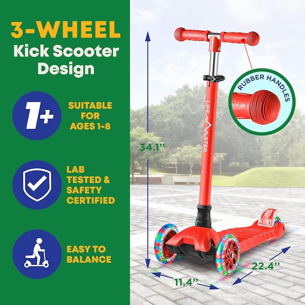 Lifemaster Kids 3-Wheel Scooter with LED Wheels, Adjustable Handlebar, Indoor/Outdoor Red,  - LIFSCTRD