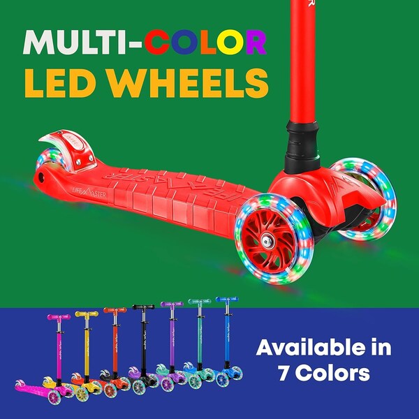 Lifemaster Kids 3-Wheel Scooter with LED Wheels, Adjustable Handlebar, Indoor/Outdoor Red,  - LIFSCTRD