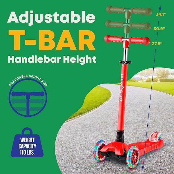 Lifemaster Kids 3-Wheel Scooter with LED Wheels, Adjustable Handlebar, Indoor/Outdoor Red,  - LIFSCTRD