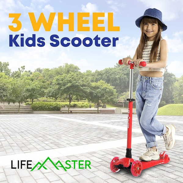 Lifemaster Kids 3-Wheel Scooter with LED Wheels, Adjustable Handlebar, Indoor/Outdoor Red,  - LIFSCTRD