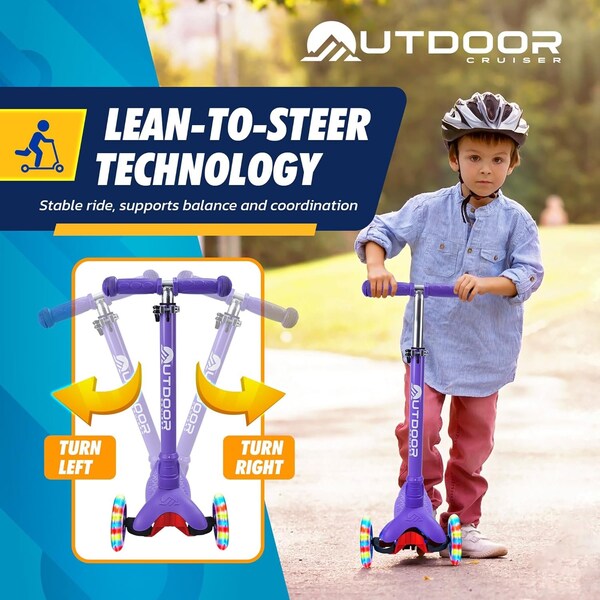 Outdoorcruiser Outdoor Cruiser 3-Wheel Kids Scooter, Lean-to-Steer, LED Wheels, Adjustable, Purple, Ages 3-8 - OCKSPUR