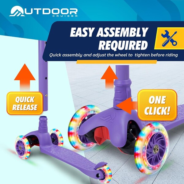 Outdoorcruiser Outdoor Cruiser 3-Wheel Kids Scooter, Lean-to-Steer, LED Wheels, Adjustable, Purple, Ages 3-8 - OCKSPUR