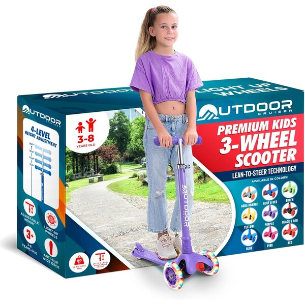 Outdoorcruiser Outdoor Cruiser 3-Wheel Kids Scooter, Lean-to-Steer, LED Wheels, Adjustable, Purple, Ages 3-8 - OCKSPUR