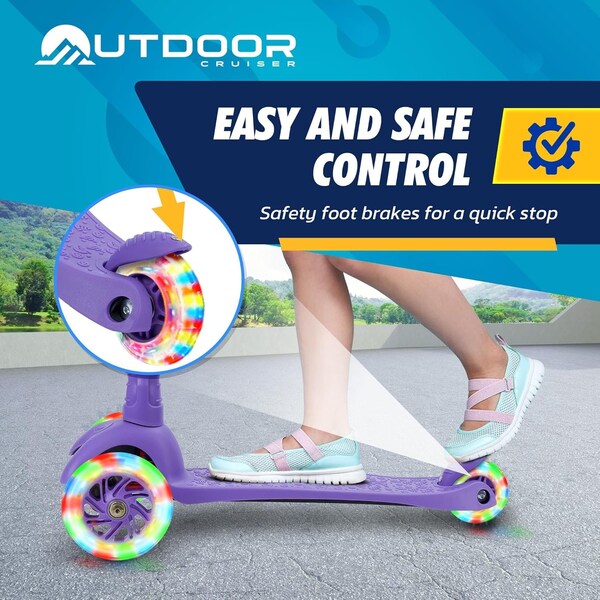 Outdoorcruiser Outdoor Cruiser 3-Wheel Kids Scooter, Lean-to-Steer, LED Wheels, Adjustable, Purple, Ages 3-8 - OCKSPUR
